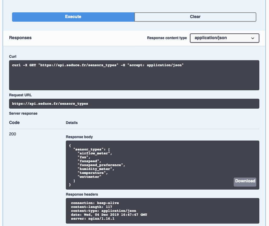 result of executing an API endpoint from the browser